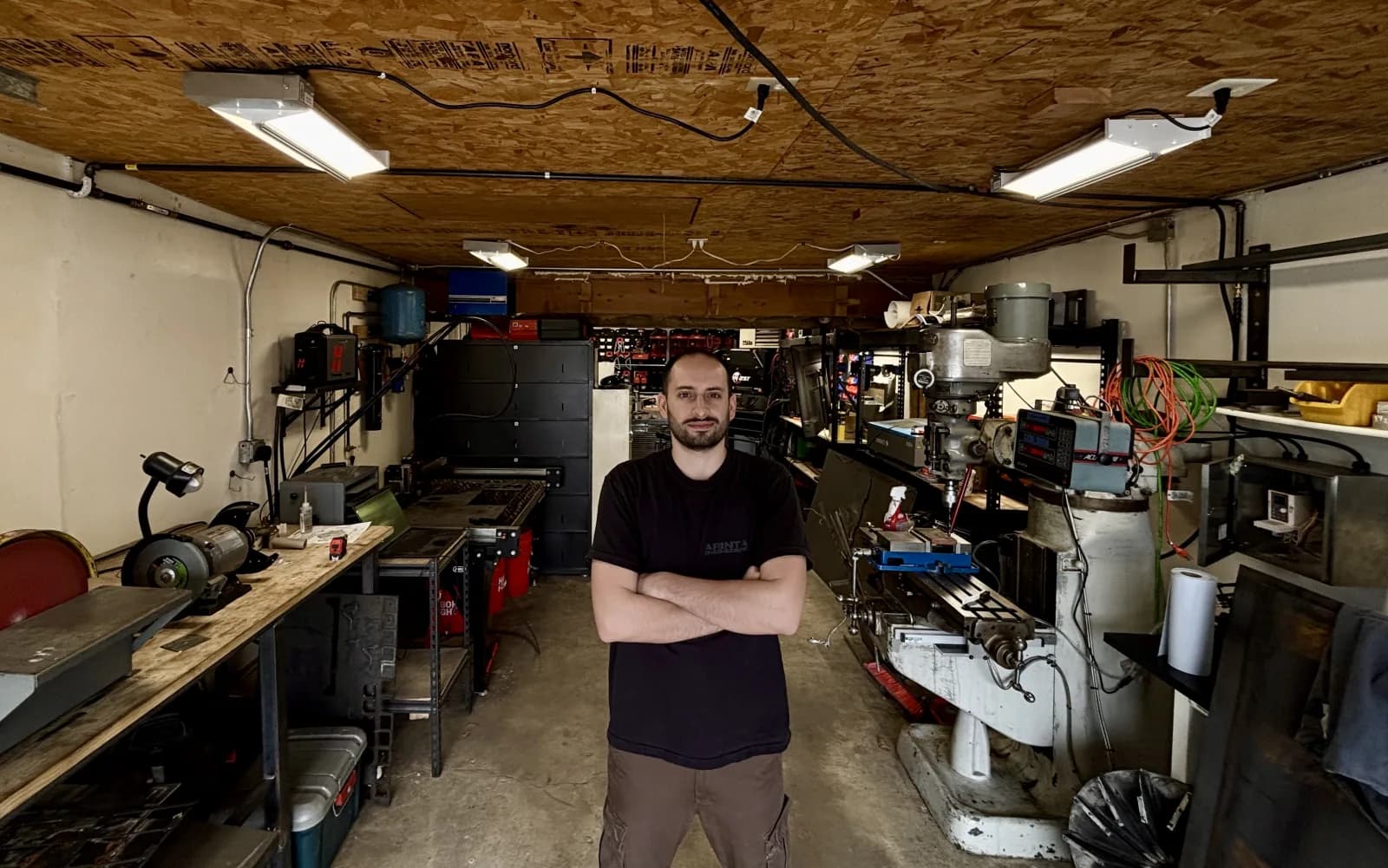 Nathan Arinta in his fabrication shop in Sturtevant, WI